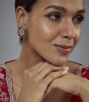 Pink & Green Kundan, Polki Womens Pair of Studs Earrings