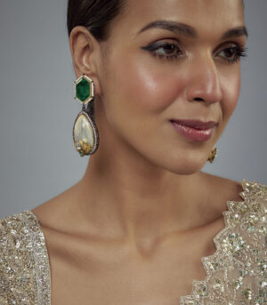 Green & White Kundan, Polki Womens Pair of Danglers Earrings