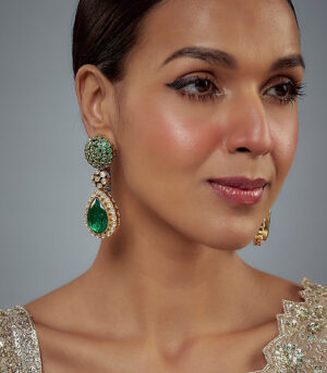 Green Kundan, Polki Womens Pair of Danglers Earrings