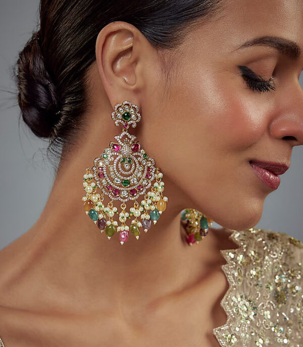 Multicolored Kundan, Polki Womens Pair of Danglers Earrings - Image 2