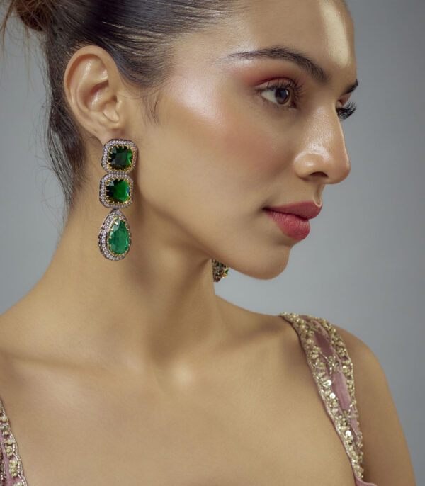 Silver Plated Green Zircon Womens Pair of Danglers Earrings - Image 2