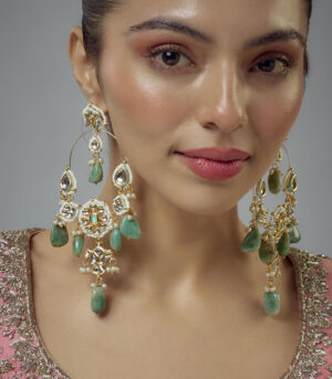 Green Kundan, Polki Womens Pair of Danglers Earrings