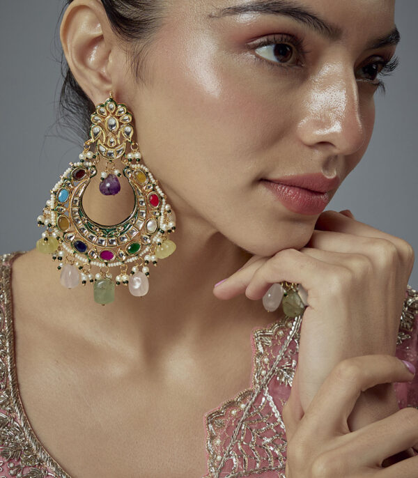 Multicolored Kundan, Polki Womens Pair of Danglers Earrings - Image 2