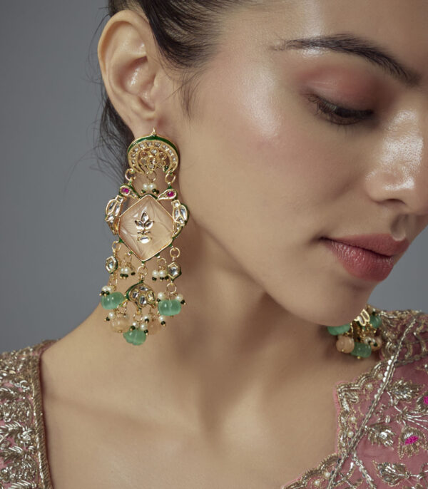 Multicolored Kundan, Polki Womens Pair of Danglers Earrings - Image 2