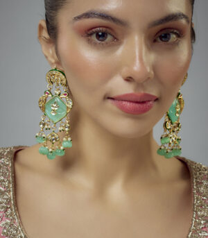 Green Kundan, Polki Womens Pair of Danglers Earrings