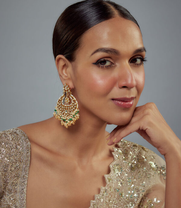 Green Kundan, Polki Womens Pair of Danglers Earrings - Image 2