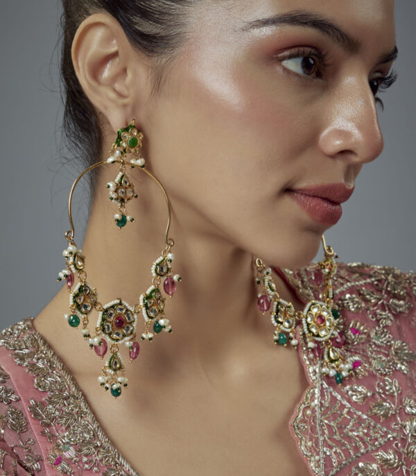 Saadgi Gold Plated Multicolored Kundan, Polki Womens Pair of Danglers Earrings - Image 2