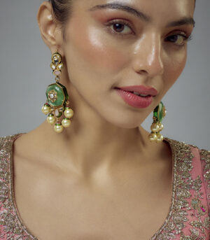 Green Kundan, Polki Womens Pair of Drop Earrings