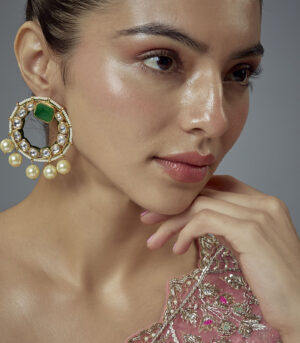 Green Kundan, Polki Womens Pair of Drop Earrings