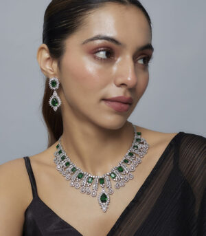 Green Womens Zircon Short Necklace Set with Pair of Earrings