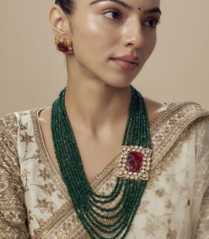 Green Womens Kundan, Polki Mala Necklace Set with Pair of Earrings