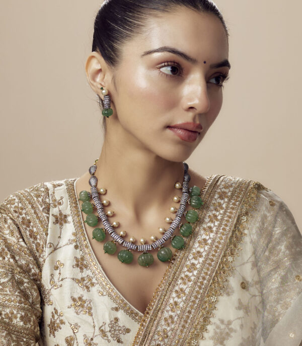 Green Womens Kundan, Polki Short Necklace Set with Pair of Earrings