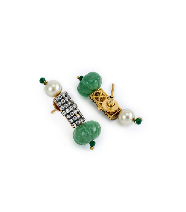 Green Womens Kundan, Polki Short Necklace Set with Pair of Earrings - Image 3
