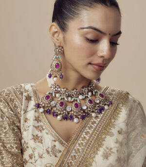 Purple Womens Kundan, Polki Short Necklace Set with Pair of Earrings