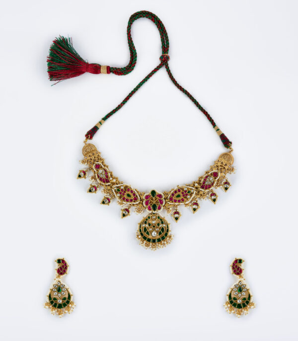 Multicolored Womens Kundan, Polki Choker Necklace Set with Pair of Earrings - Image 2