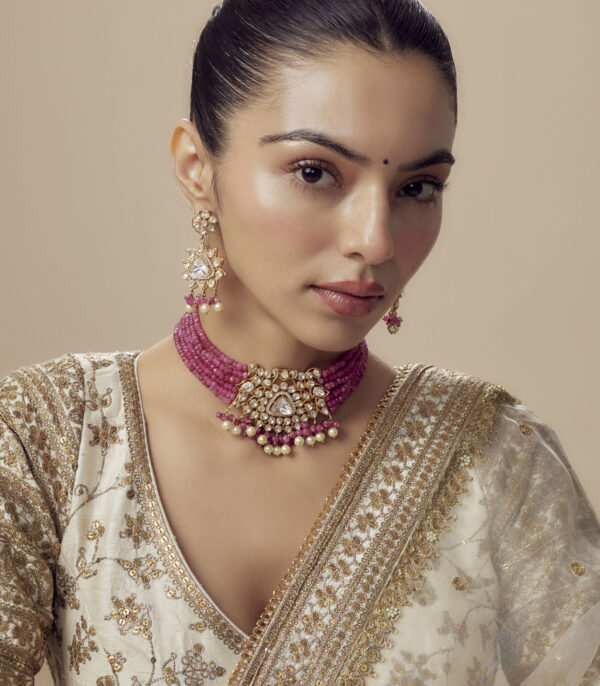 Gold Plated Pink Womens Kundan, Polki Choker Necklace Set with Pair of Earrings
