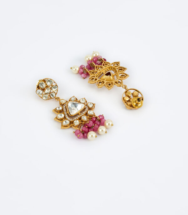 Gold Plated Pink Womens Kundan, Polki Choker Necklace Set with Pair of Earrings - Image 3