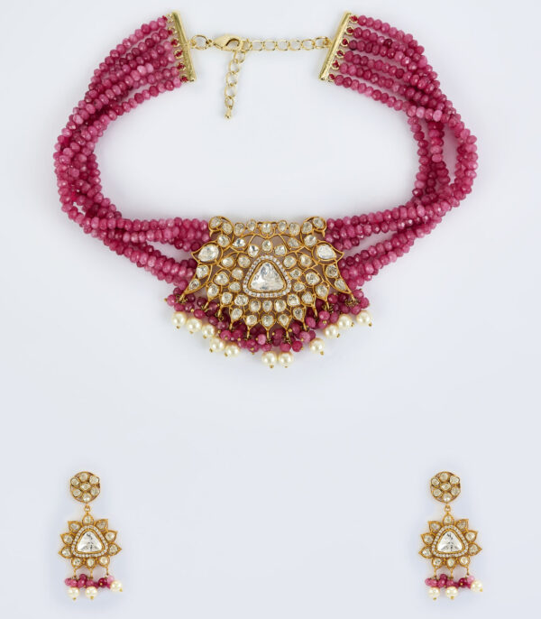 Gold Plated Pink Womens Kundan, Polki Choker Necklace Set with Pair of Earrings - Image 2
