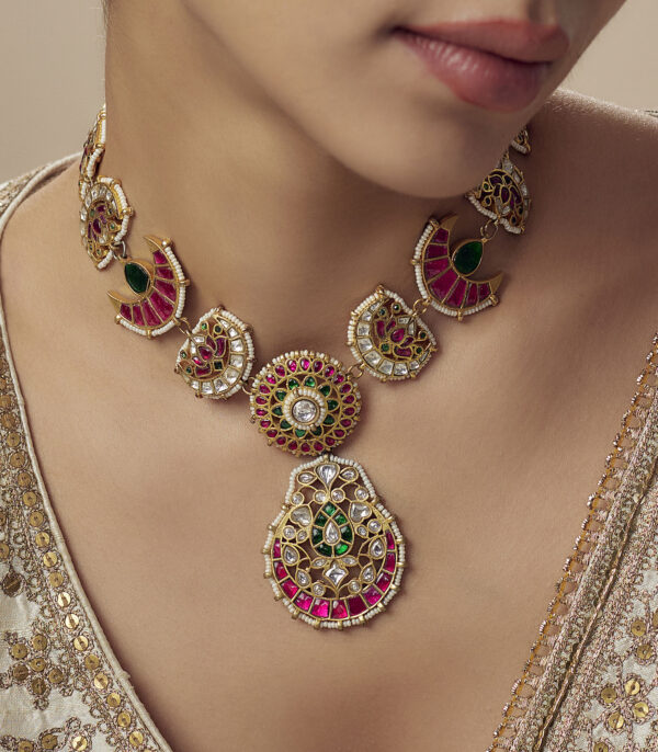 Multicolored Womens Kundan, Polki Short Necklace Set - Image 2