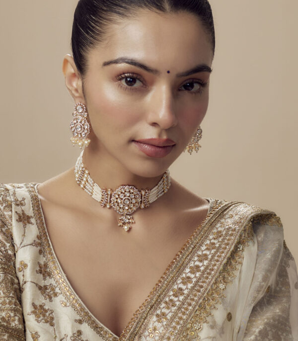 Polki Choker Necklace Set with Pair of Earrings