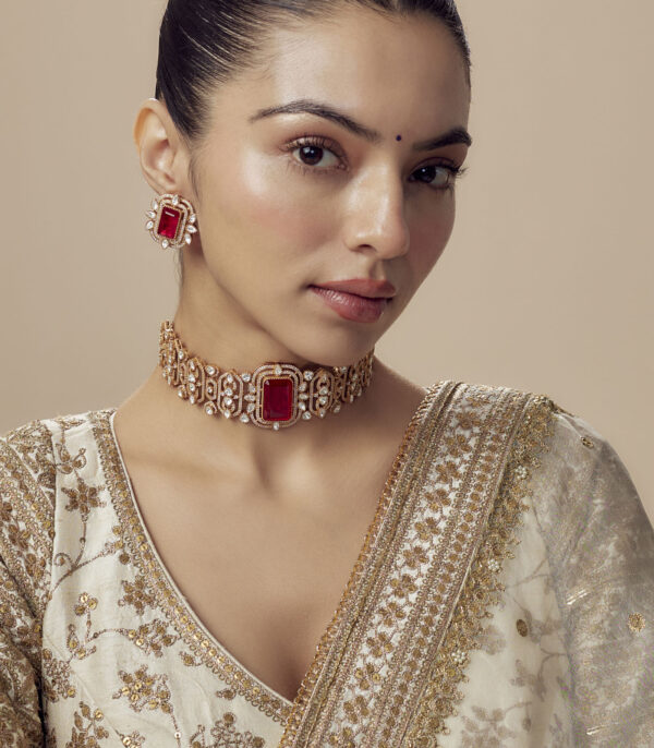 Red Womens Kundan, Polki Choker Necklace Set with Pair of Earrings