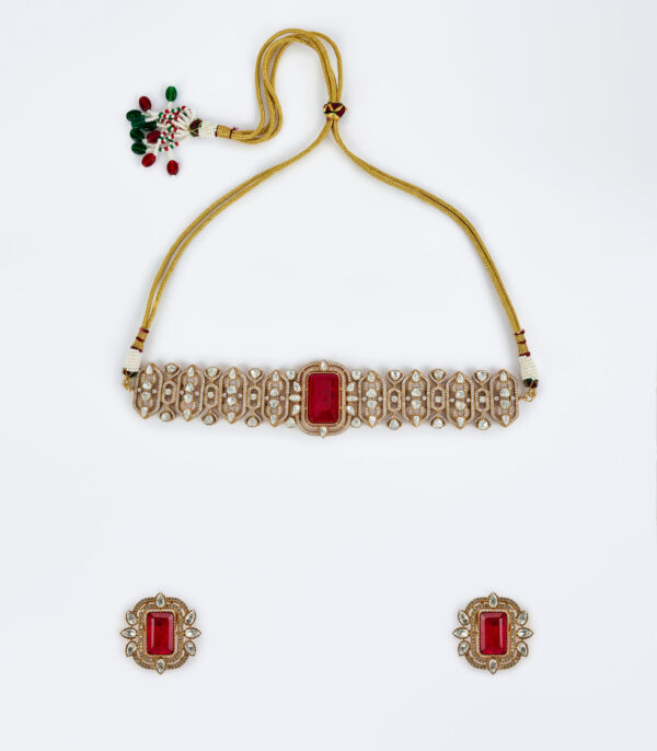 Red Womens Kundan, Polki Choker Necklace Set with Pair of Earrings - Image 2