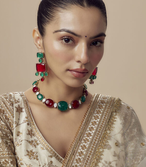 Red Womens Contemporary Choker Necklace Set with Pair of Earrings