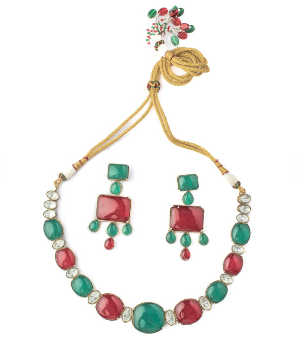 Red Womens Contemporary Choker Necklace Set with Pair of Earrings - Image 2