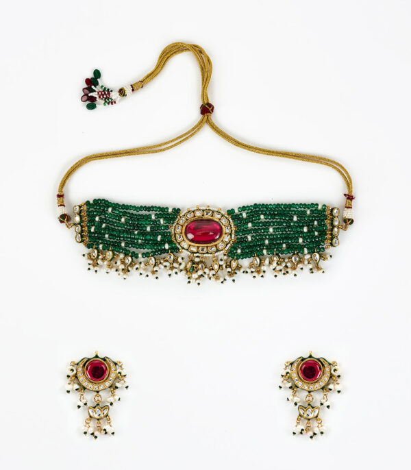 Green Beaded Womens Choker Necklace Set with Pair of Earrings - Image 3