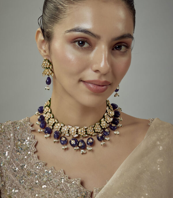 Polki Womens Choker Necklace Set with Pair of Earrings