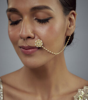 Gold Plated Kundan, Polki Womens Nath with Chain
