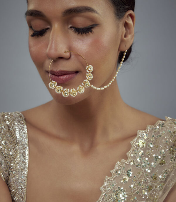 Gold Plated Kundan, Polki Womens Nath with Chain