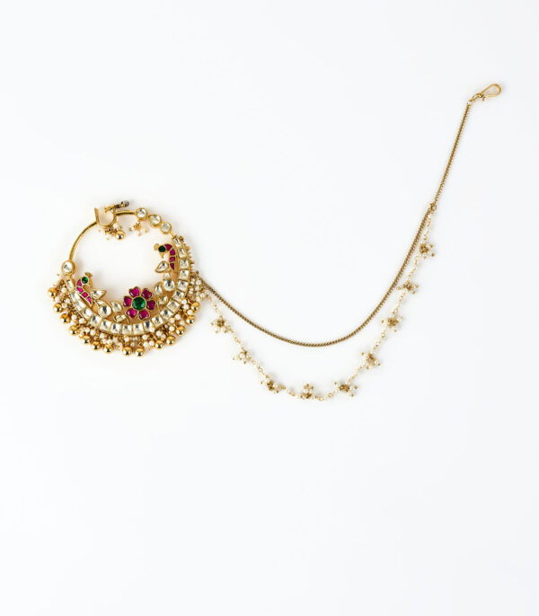 Gold Plated Red Kundan, Polki Womens Nath with Chain
