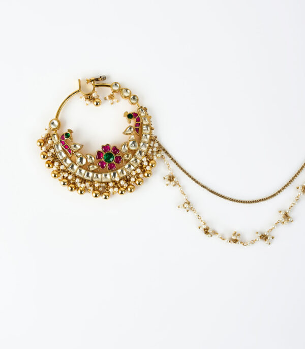 Gold Plated Red Kundan, Polki Womens Nath with Chain - Image 2