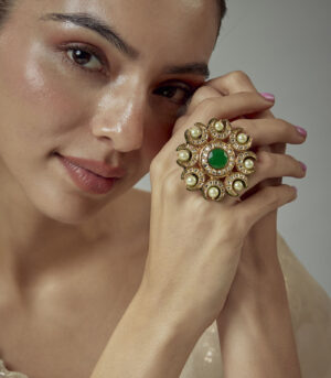 Gold Plated Green Kundan, Polki Womens Ring