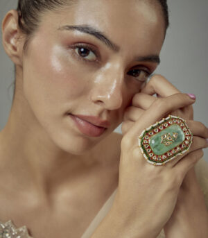 Gold Plated Green Kundan, Polki Womens Ring