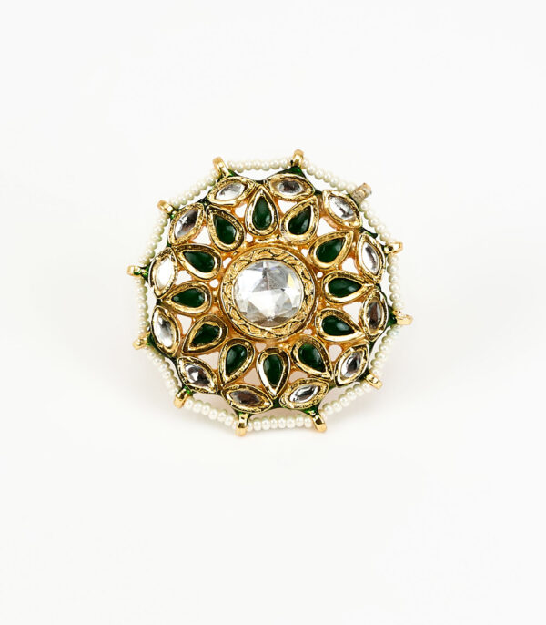Green Kundan, Polki Womens Ring - Image 3
