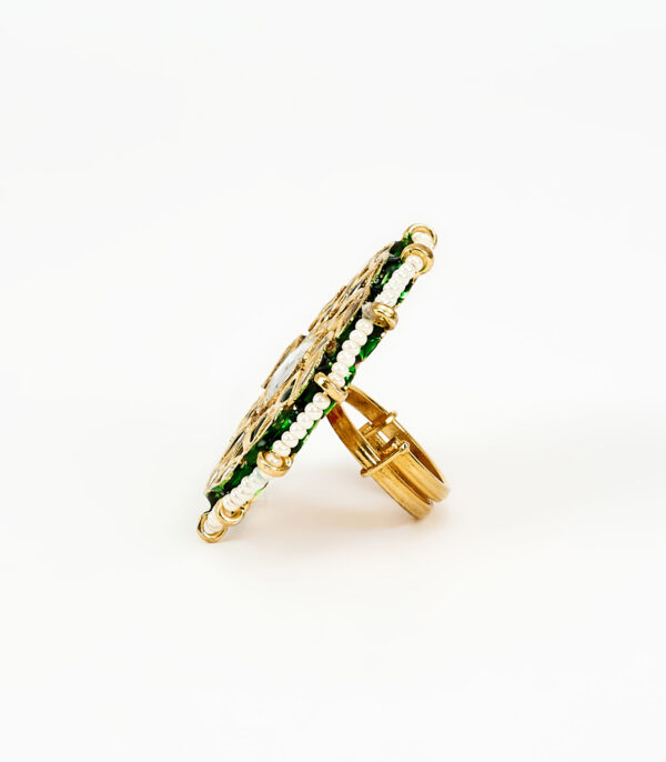 Green Kundan, Polki Womens Ring - Image 4