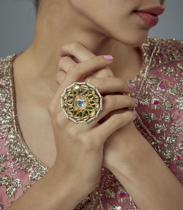 Green Kundan, Polki Womens Ring - Image 2