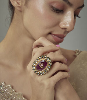 Gold Plated Red Kundan, Polki Womens Ring