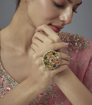 Gold Plated Multicolored Kundan, Polki Womens Ring