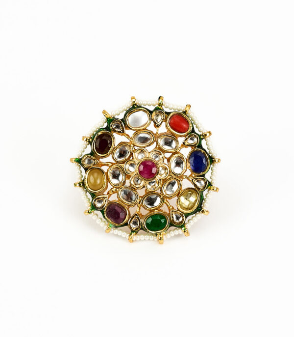 Gold Plated Multicolored Kundan, Polki Womens Ring - Image 3