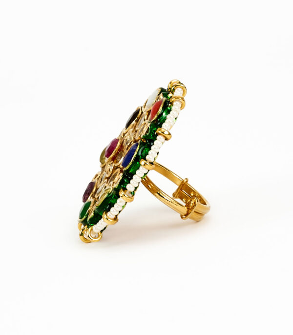 Gold Plated Multicolored Kundan, Polki Womens Ring - Image 4