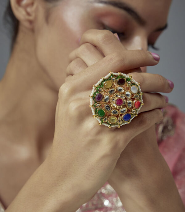 Gold Plated Multicolored Kundan, Polki Womens Ring - Image 2