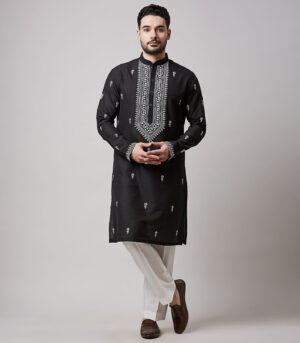 BLACK KURTA SET WITH WHITE EMBROIDERY