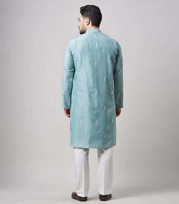 BLUE SOY SILK MACHINE EMBROIDERED  KURTA SET - Image 2