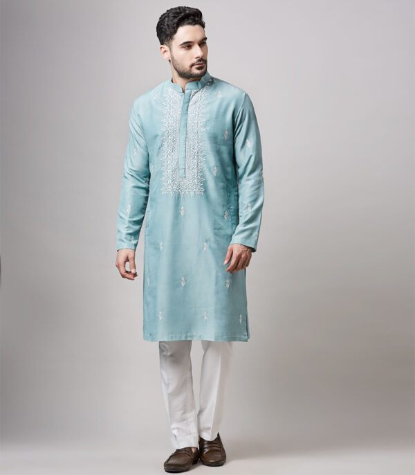 BLUE SOY SILK MACHINE EMBROIDERED  KURTA SET - Image 3