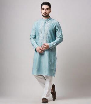 BLUE SOY SILK MACHINE EMBROIDERED  KURTA SET