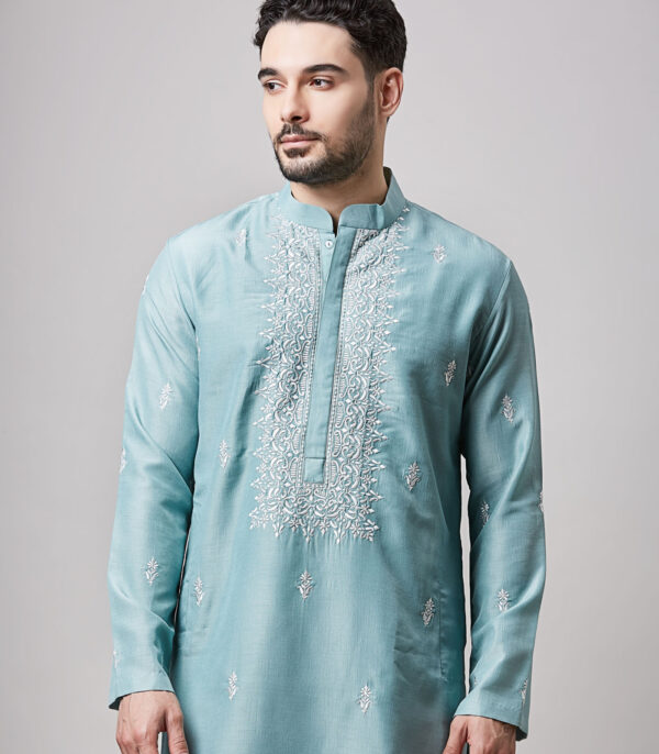 BLUE SOY SILK MACHINE EMBROIDERED  KURTA SET - Image 4