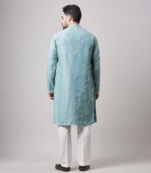 BLUE SOY SILK MIRROR WORK KURTA SET - Image 3